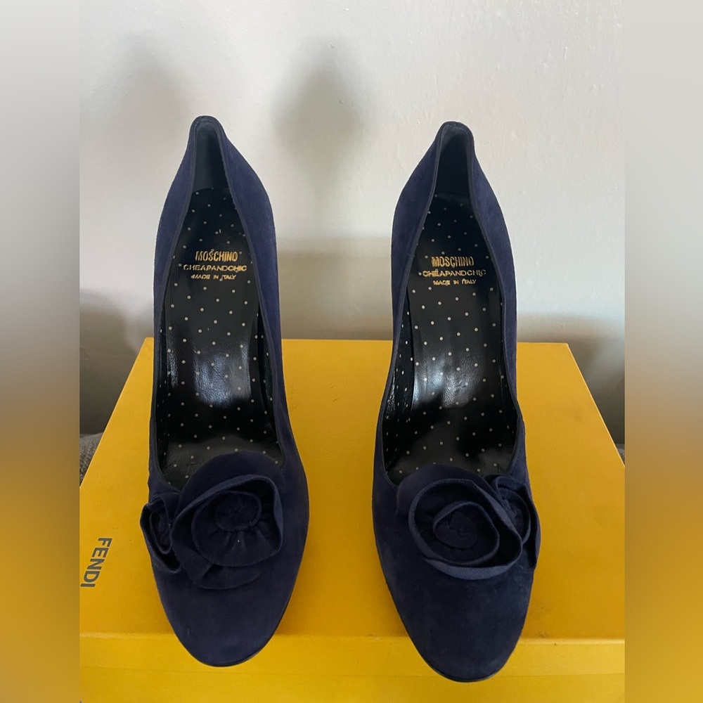Moschino Dark Blue Heels with Rosette Accent